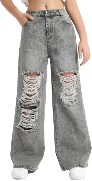 EXARUS Girls Jeans Pants Wide Leg/Flare/Skinny Denim Pant Ripped High Waist Elastic Band Casual with Pockets Kids 6-14Y
