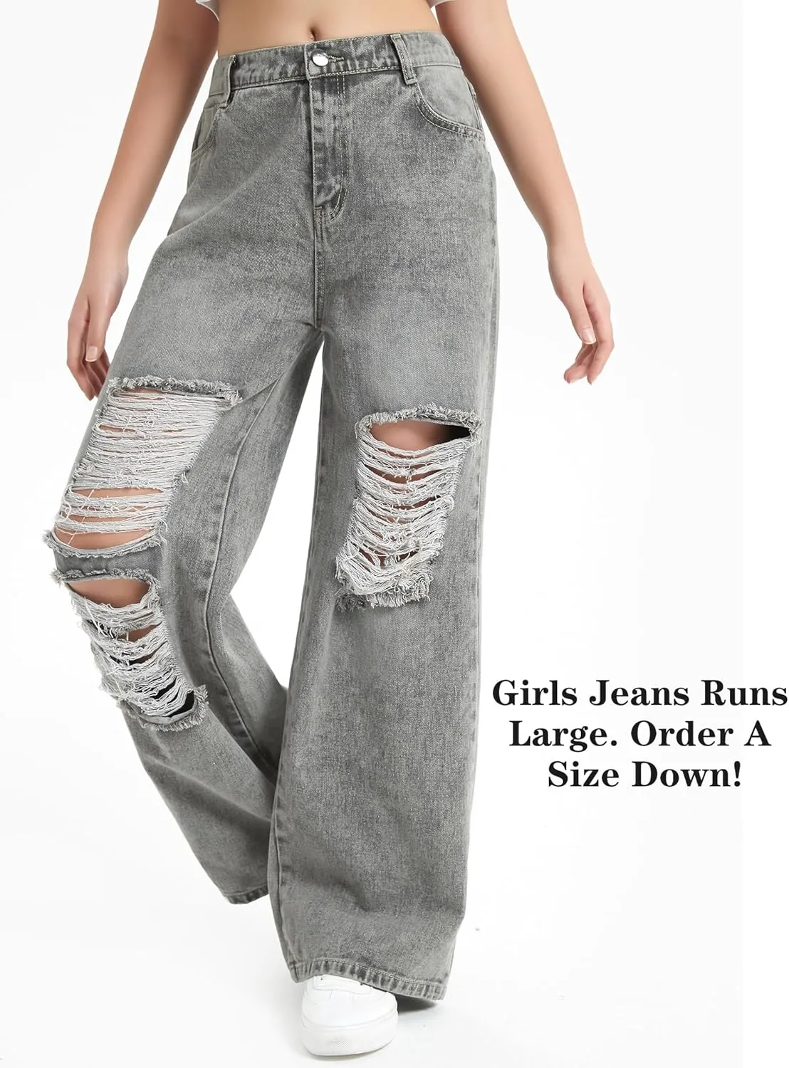 EXARUS Girls Jeans Pants Wide Leg/Flare/Skinny Denim Pant Ripped High Waist Elastic Band Casual with Pockets Kids 6-14Y