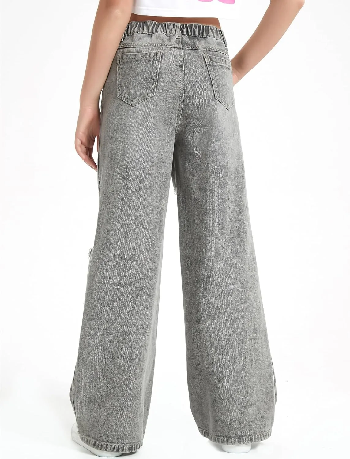 EXARUS Girls Jeans Pants Wide Leg/Flare/Skinny Denim Pant Ripped High Waist Elastic Band Casual with Pockets Kids 6-14Y