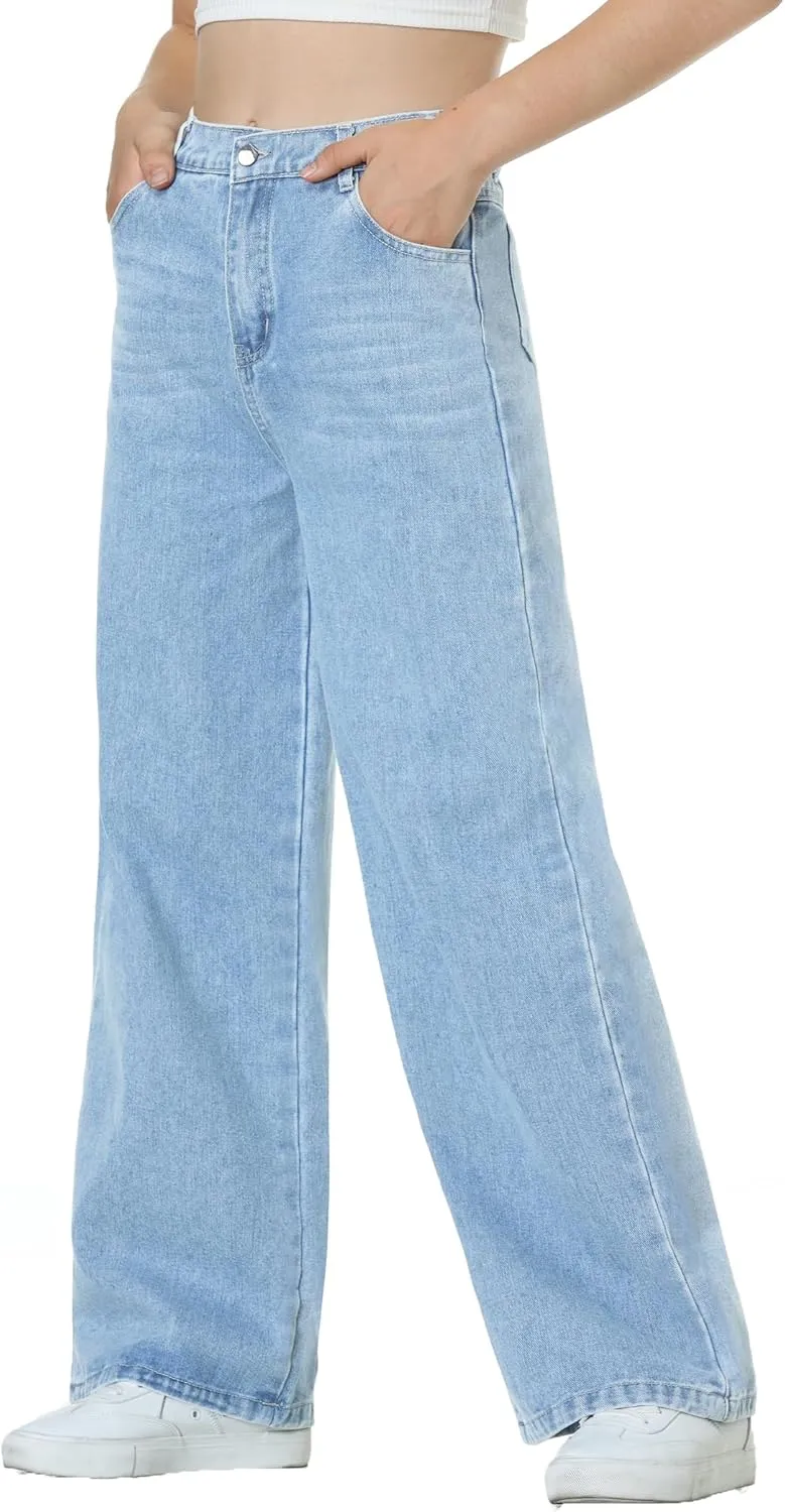 EXARUS Girls Jeans Pants Wide Leg/Flare/Skinny Denim Pant Ripped High Waist Elastic Band Casual with Pockets Kids 6-14Y