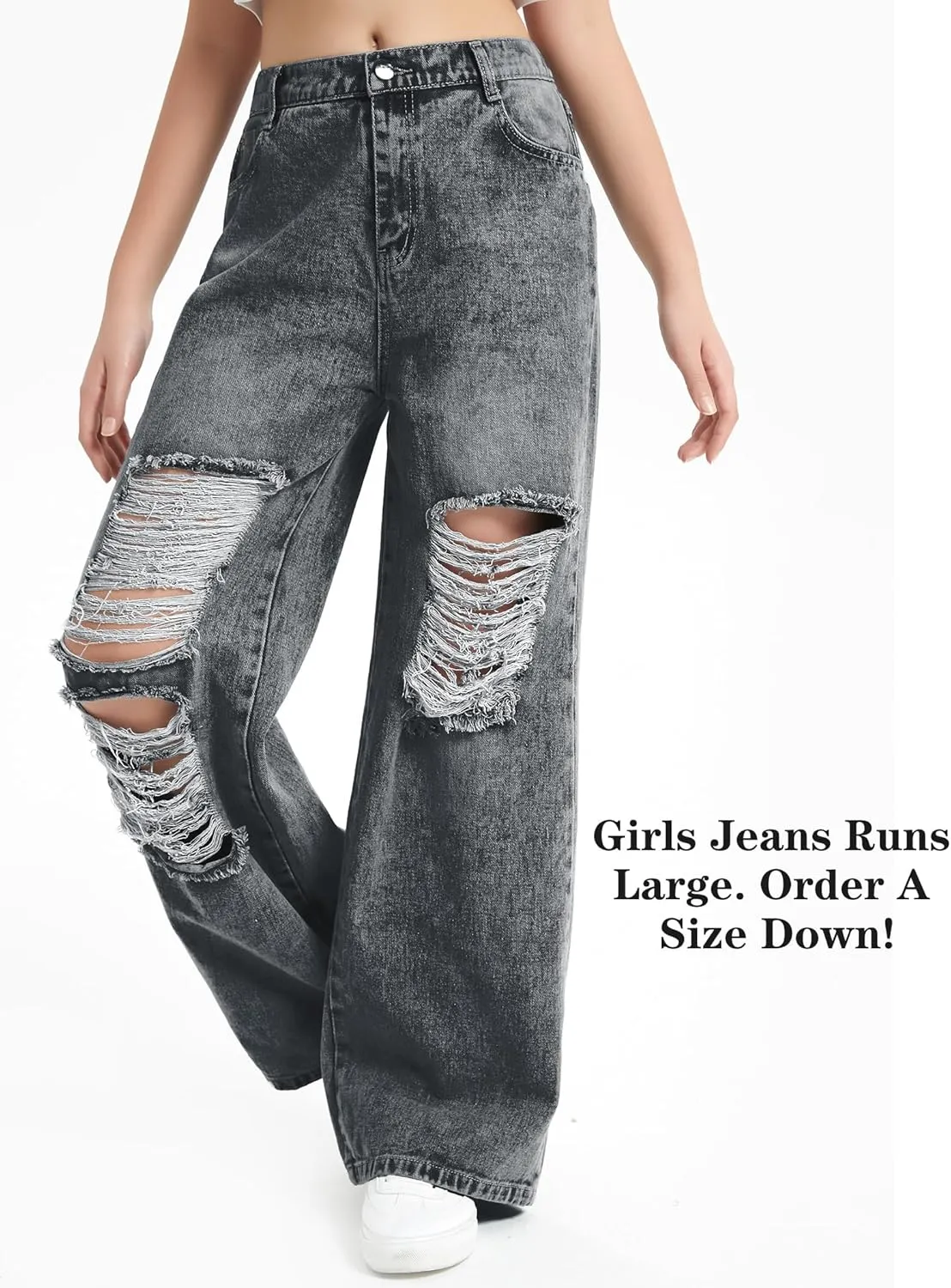 EXARUS Girls Jeans Wide Leg/Flare/Skinny Denim Pants Ripped Baggy High Waisted with Pockets Teen Casual Kids 6-14Y
