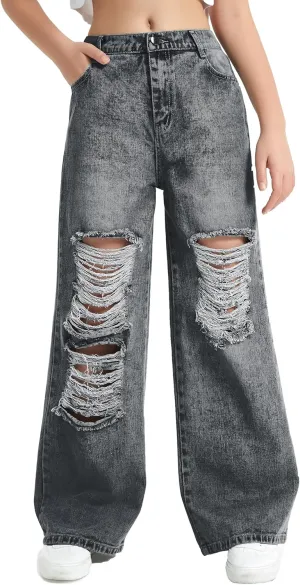 EXARUS Girls Jeans Wide Leg/Flare/Skinny Denim Pants Ripped Baggy High Waisted with Pockets Teen Casual Kids 6-14Y