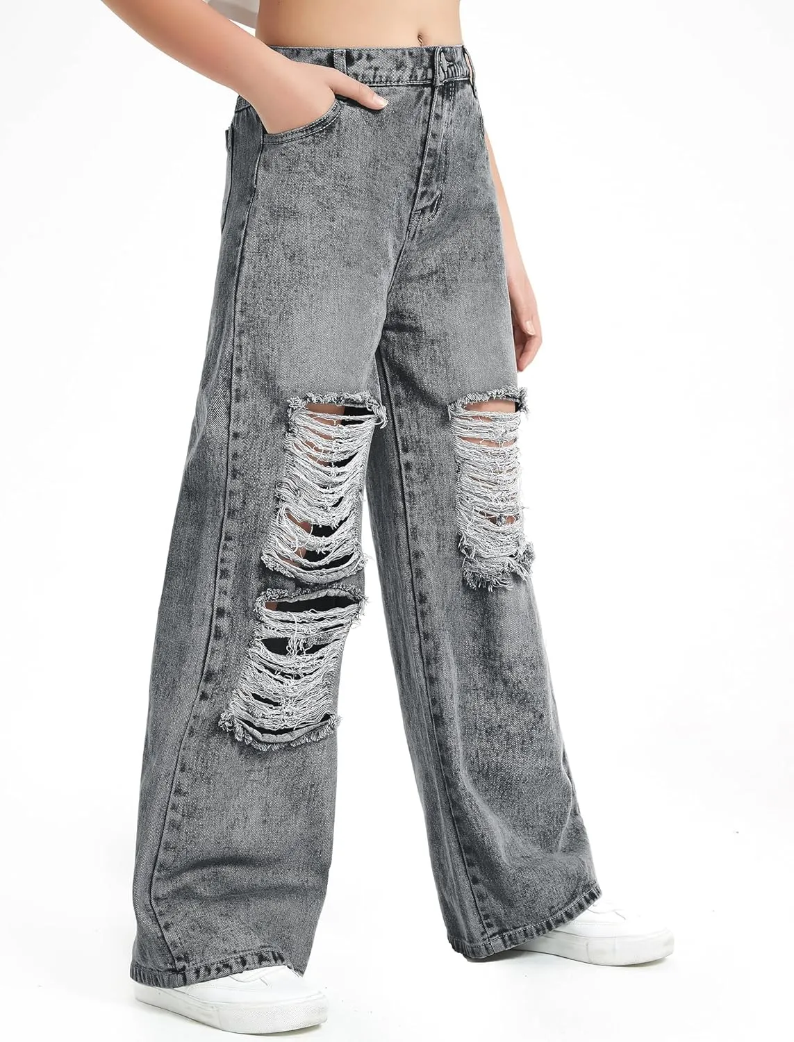 EXARUS Girls Jeans Wide Leg/Flare/Skinny Denim Pants Ripped Baggy High Waisted with Pockets Teen Casual Kids 6-14Y