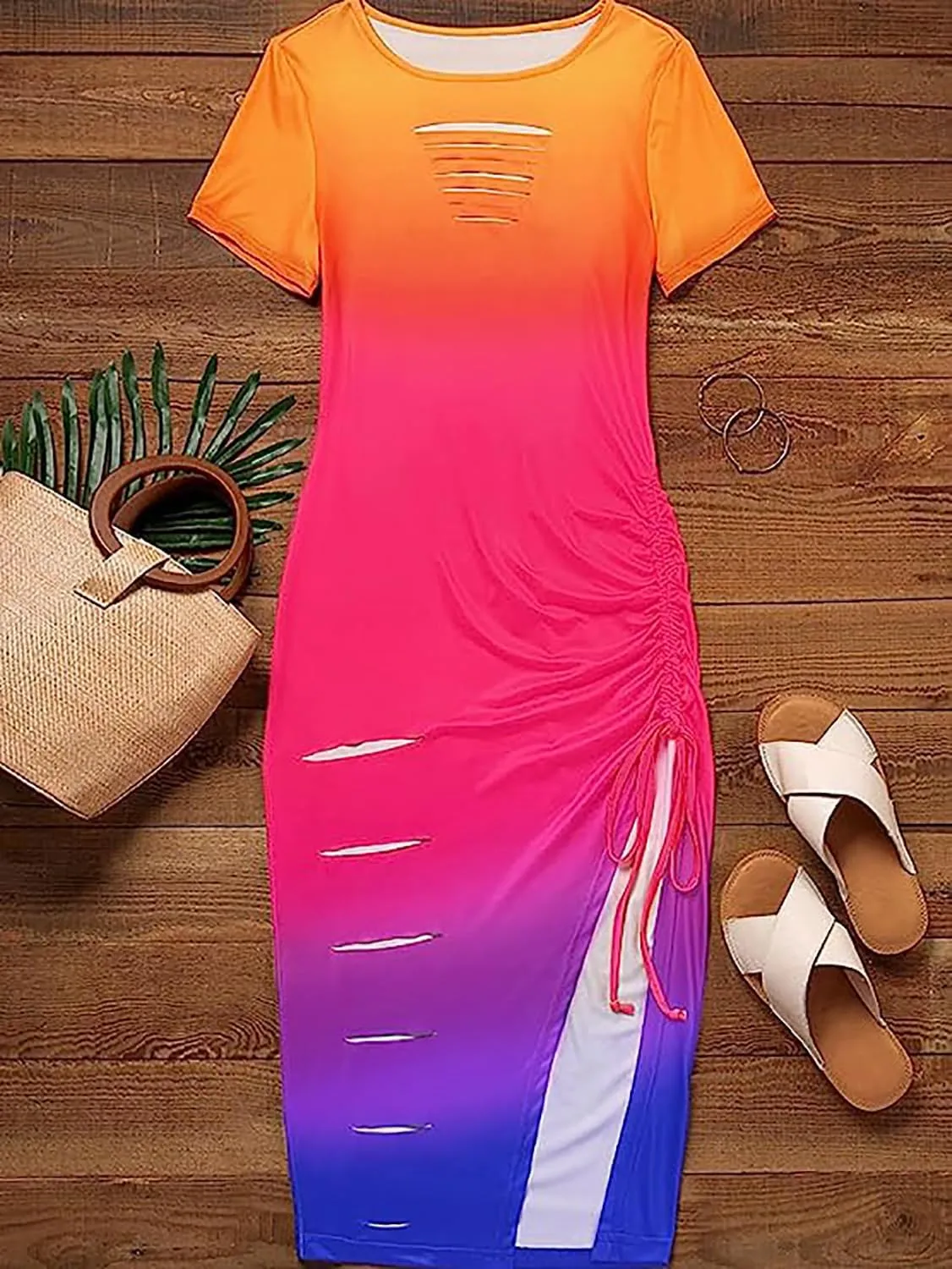 FECAFO Cut Out Hollow Out Ruched Slit Bodycon Dress for Women Sexy Side Slit Drawstring Club Party Short Sleeve Midi Dresses