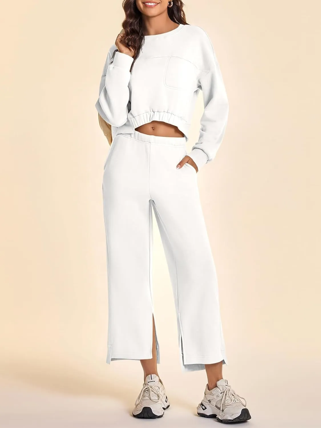 Fisoew Womens 2 Piece Outfits Sweatsuits Sets Long Sleeve Cropped Sweatshirts with Loose Straight Leg Sweatpants Tracksuit