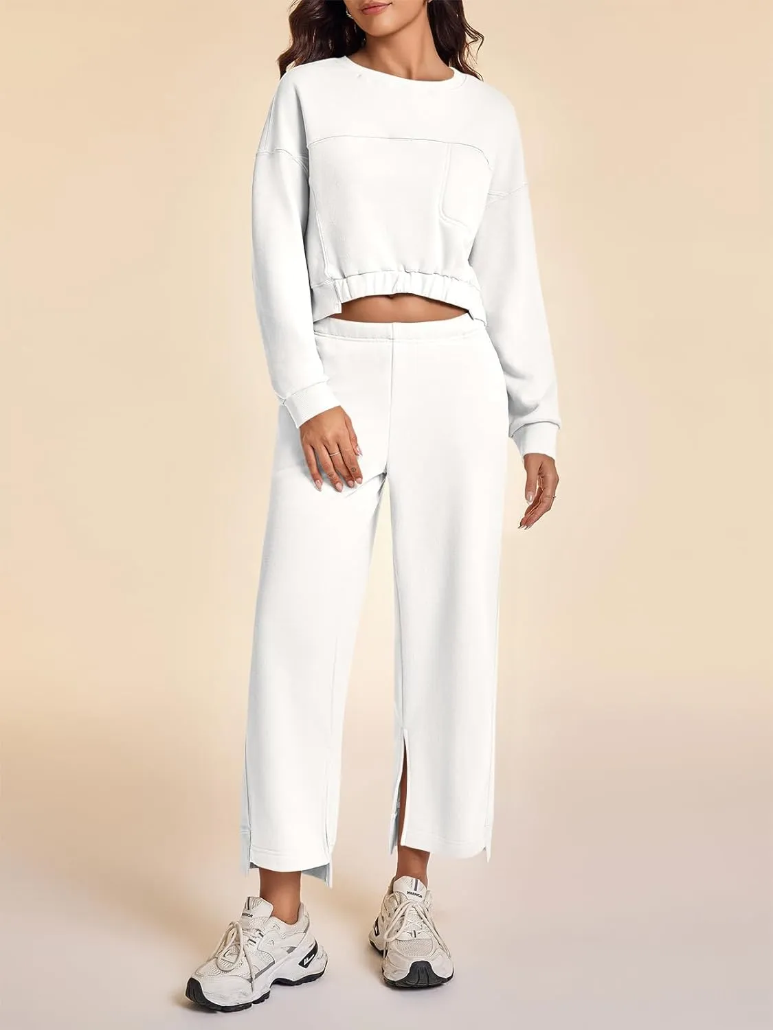 Fisoew Womens 2 Piece Outfits Sweatsuits Sets Long Sleeve Cropped Sweatshirts with Loose Straight Leg Sweatpants Tracksuit