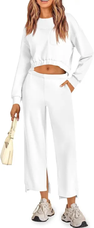 Fisoew Womens 2 Piece Outfits Sweatsuits Sets Long Sleeve Cropped Sweatshirts with Loose Straight Leg Sweatpants Tracksuit