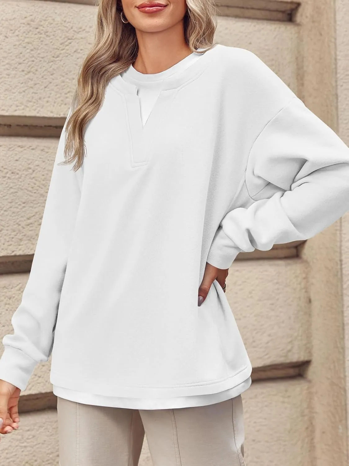 Fisoew Womens Crewneck Oversized Sweatshirts Long Sleeve Contrast Colors 2 in 1 Casual Pullover Tops