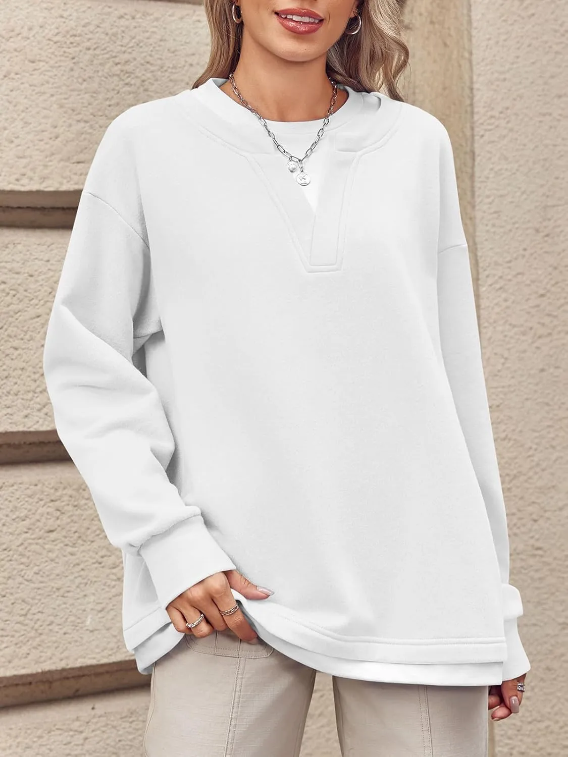 Fisoew Womens Crewneck Oversized Sweatshirts Long Sleeve Contrast Colors 2 in 1 Casual Pullover Tops