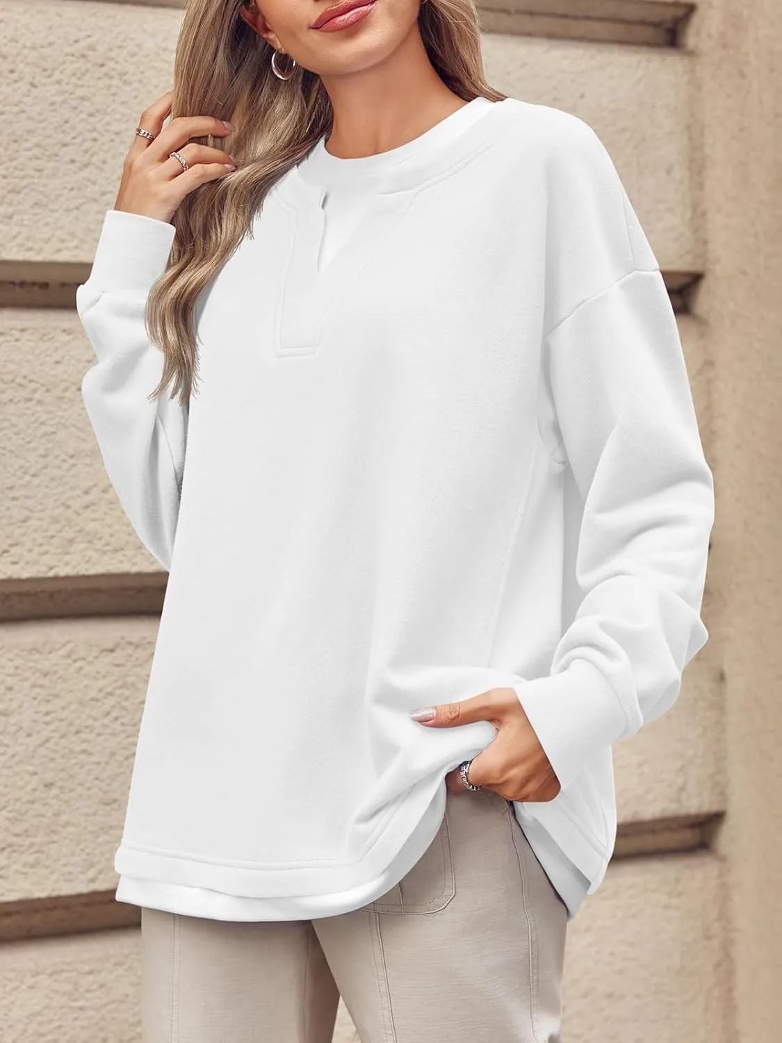 Fisoew Womens Crewneck Oversized Sweatshirts Long Sleeve Contrast Colors 2 in 1 Casual Pullover Tops