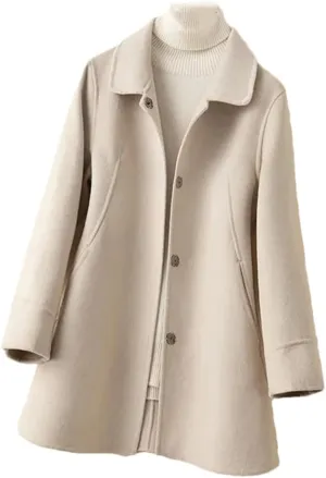 Fjnbbiot Autumn Winter Coat Women Woolen Jacket Single-Breasted Double-Sided Cashmere Long Solid Color Pea Coat