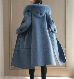 Fjnbbiot Winter Warm Coat Women Fur Collar Hooded Woolen Blends Coat Elegant Loose Lady Jacket Long Coats Overcoat