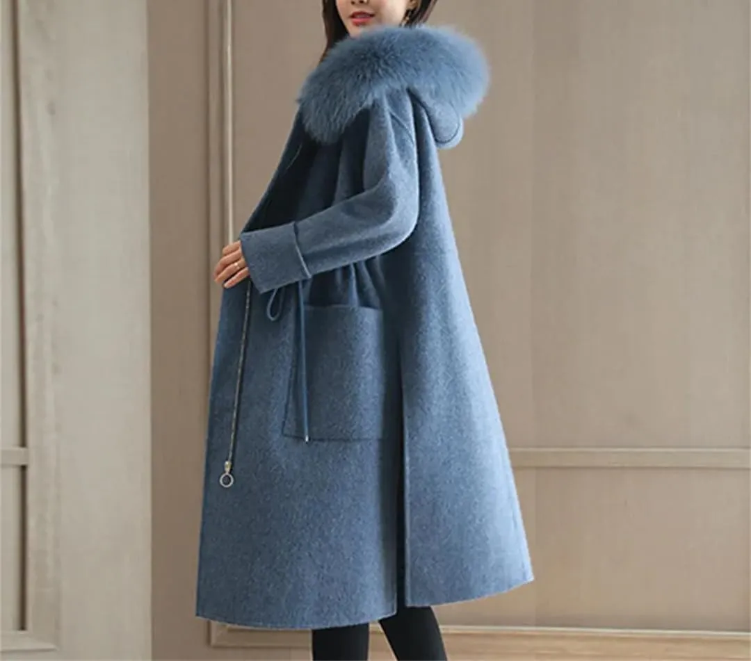 Fjnbbiot Winter Warm Coat Women Fur Collar Hooded Woolen Blends Coat Elegant Loose Lady Jacket Long Coats Overcoat