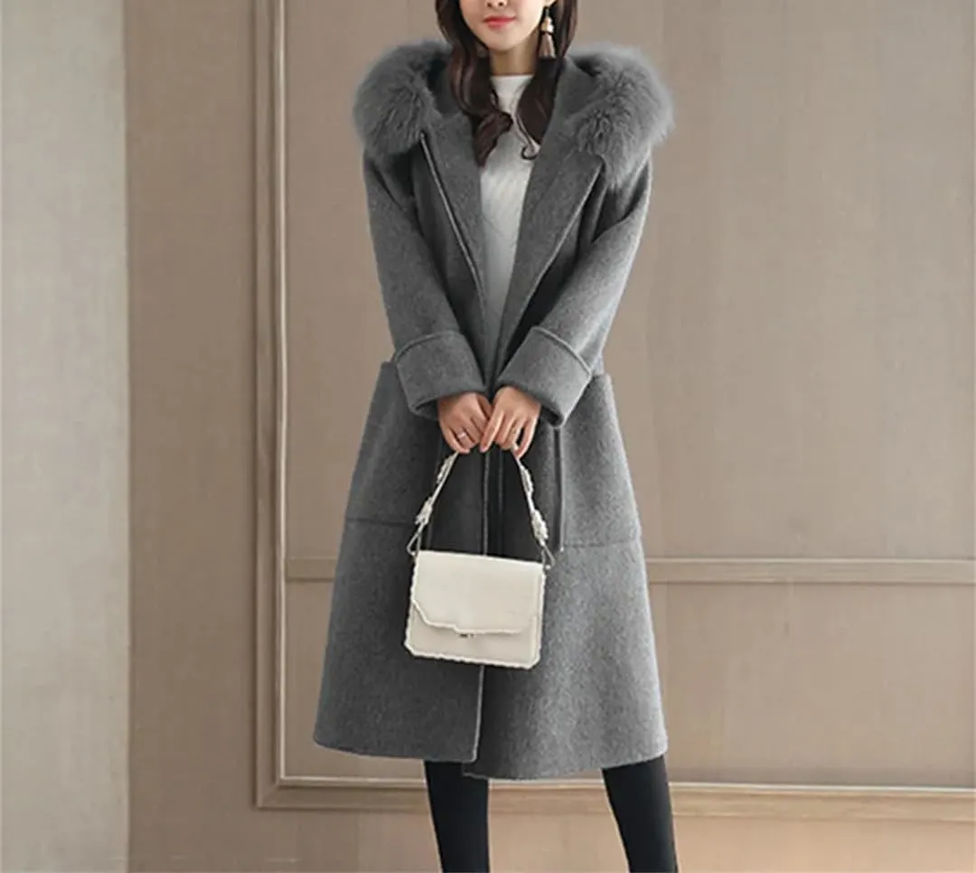 Fjnbbiot Winter Warm Coat Women Fur Collar Hooded Woolen Blends Coat Elegant Loose Lady Jacket Long Coats Overcoat