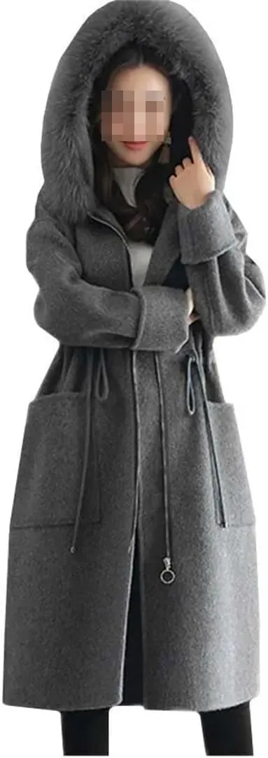Fjnbbiot Winter Warm Coat Women Fur Collar Hooded Woolen Blends Coat Elegant Loose Lady Jacket Long Coats Overcoat