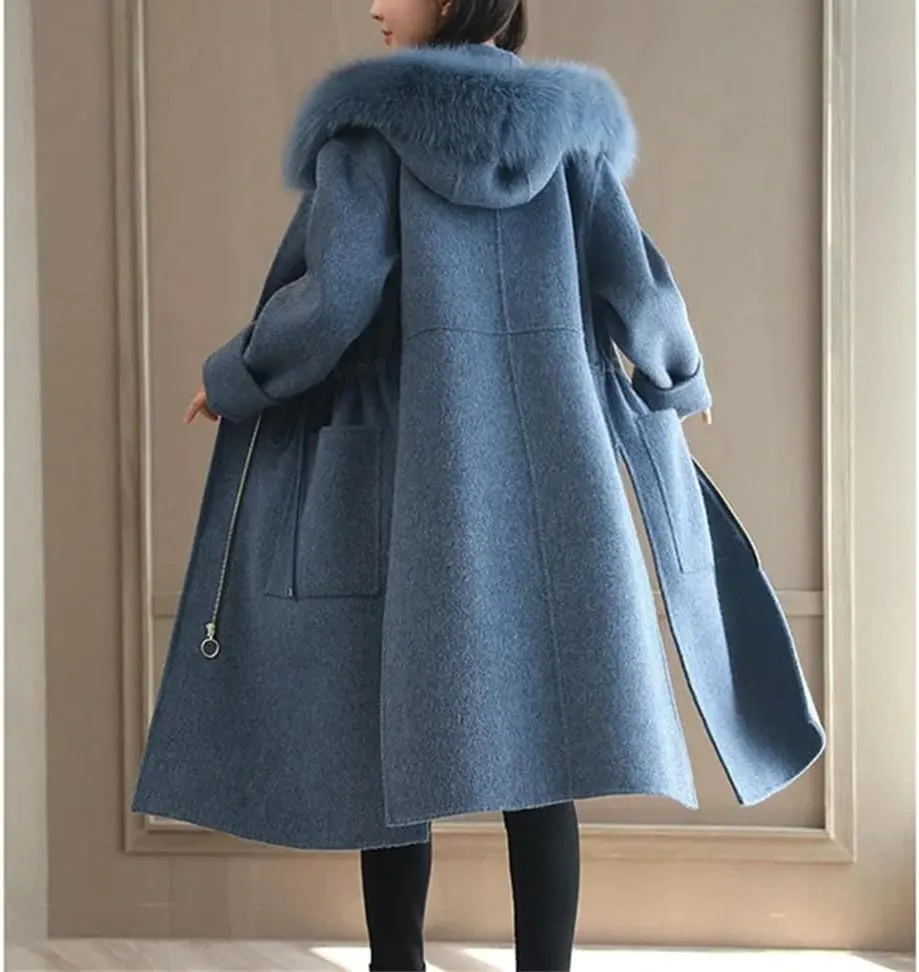 Fjnbbiot Winter Warm Coat Women Fur Collar Hooded Woolen Blends Coat Elegant Loose Lady Jacket Long Coats Overcoat