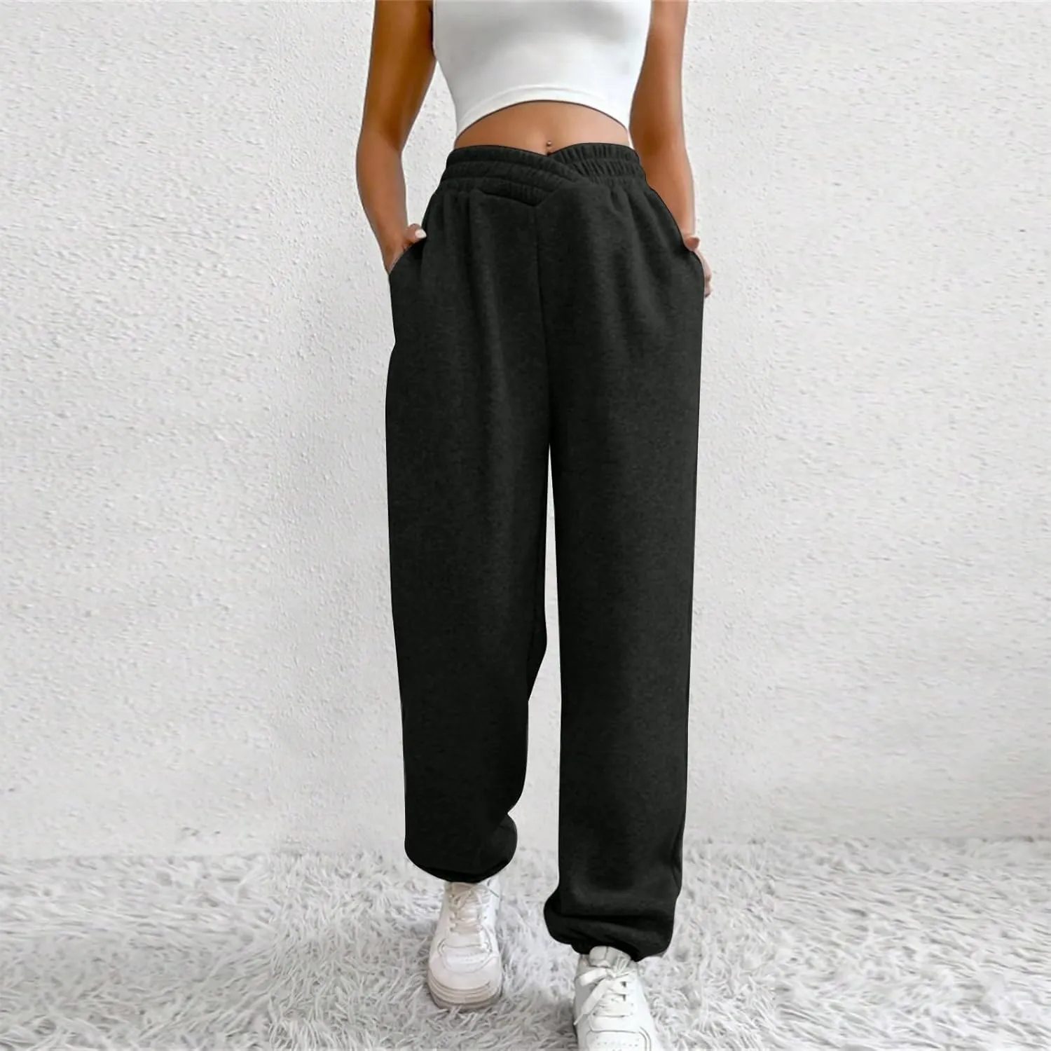 Fleece Joggers for Women Y2k Baggy Cute Sweatpants Casual Crossover High Waisted Athletic Jogger Pants with Pockets