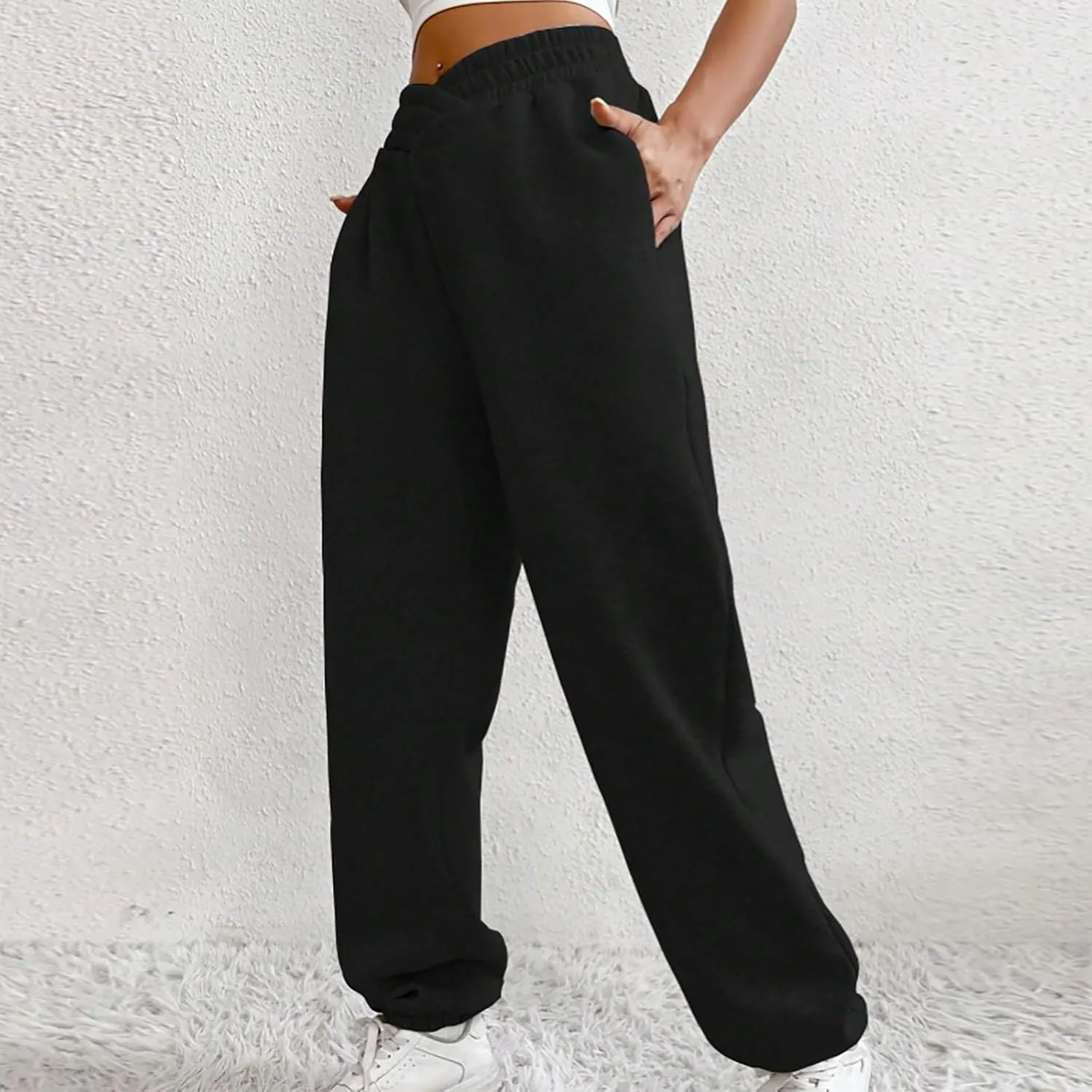 Fleece Joggers for Women Y2k Baggy Cute Sweatpants Casual Crossover High Waisted Athletic Jogger Pants with Pockets