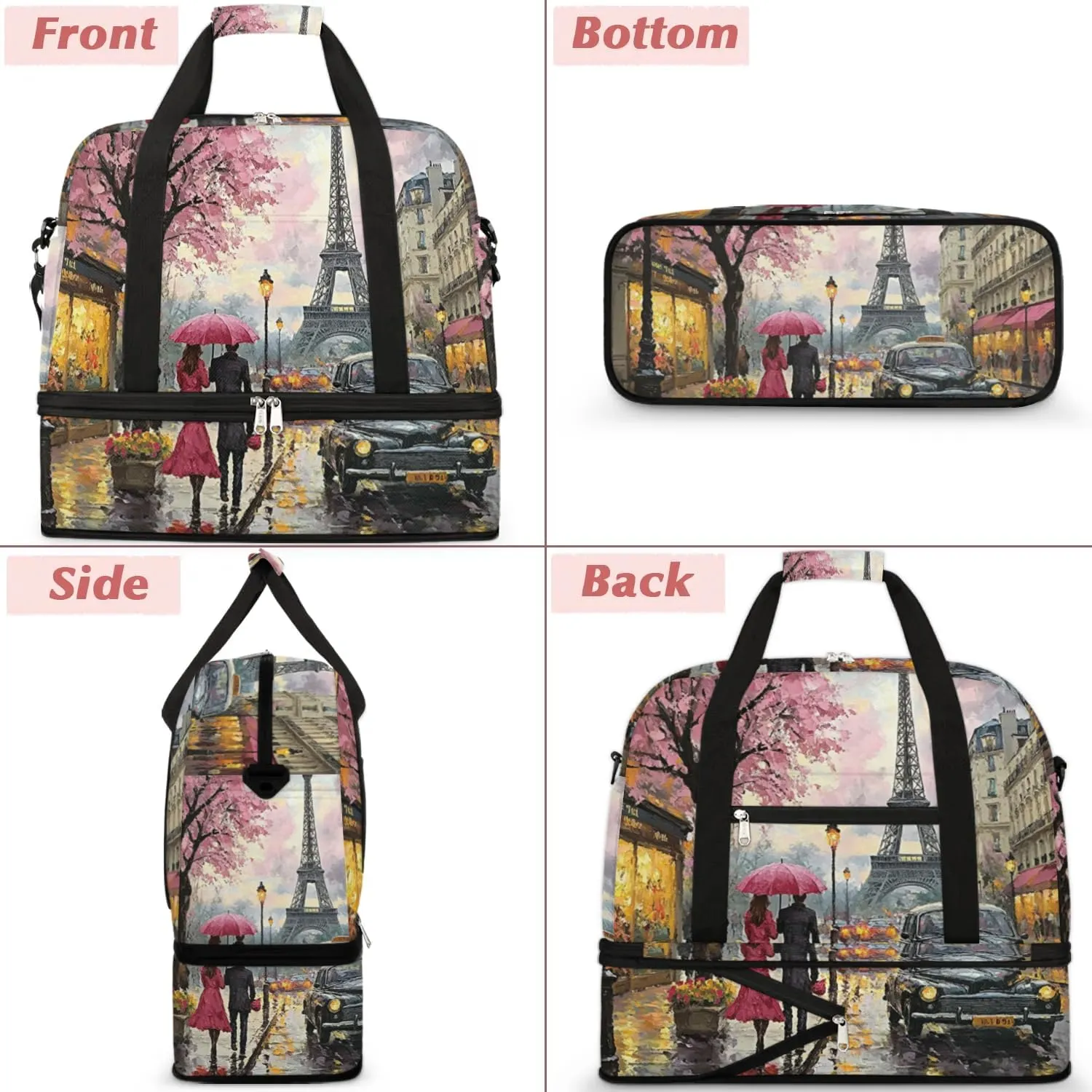 Foldable Travel Duffel Bag, Expandable Weekender Overnight Carry on Bags with Shoe Compartment Sport Tote Gym Luggage for Women Men, Paris Eiffel Tower