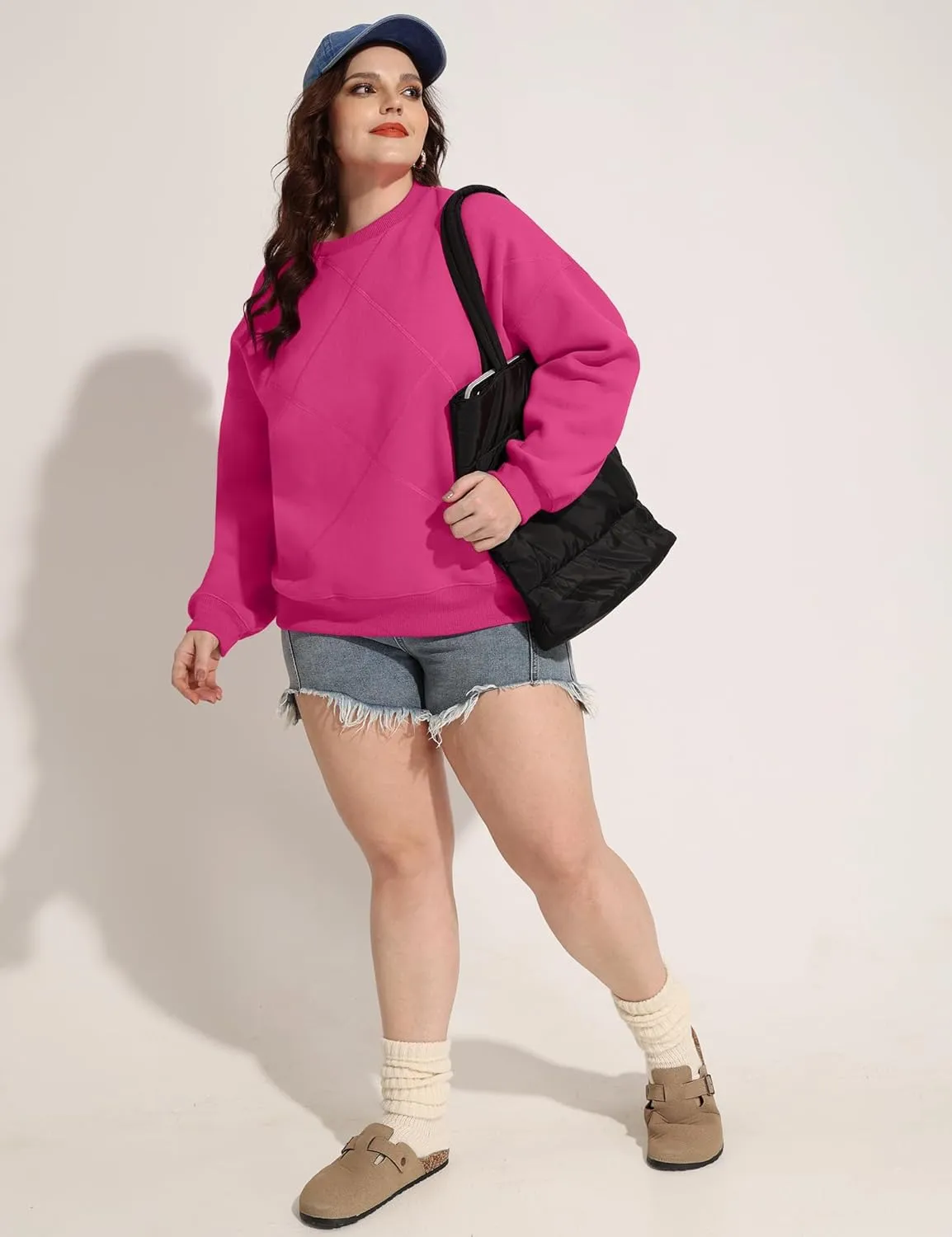 FOREYOND Plus Size Fleece Sweatshirts for Women Crewneck Cotton Pullover Sweat Shirts Casual Thermal Long Sleeve Tops