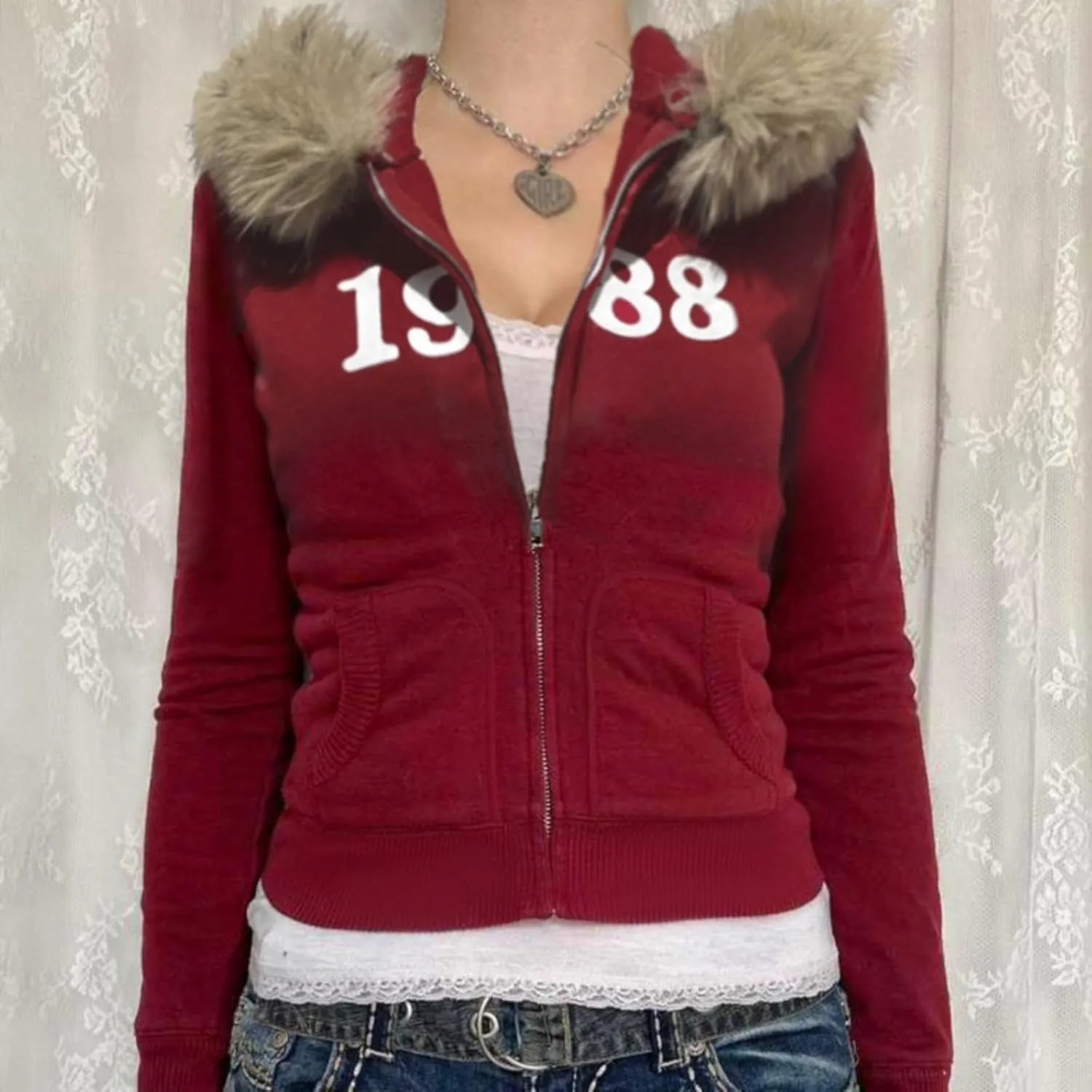 Fur Collar Jacket Zip Up Graphic Jacket Y2K Hoodie Women Cropped Streetwear Grunge Hoodies 2000s Winter Coats