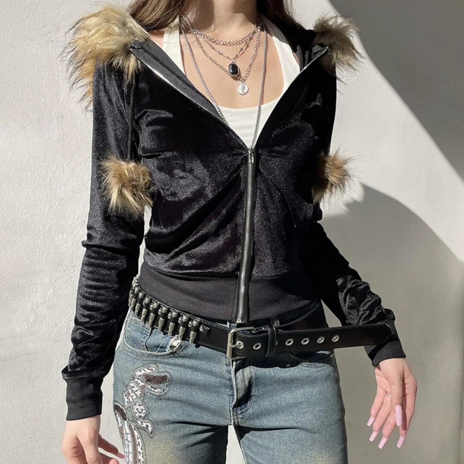 Fur Collar Jacket Zip Up Graphic Jacket Y2K Hoodie Women Cropped Streetwear Grunge Hoodies 2000s Winter Coats