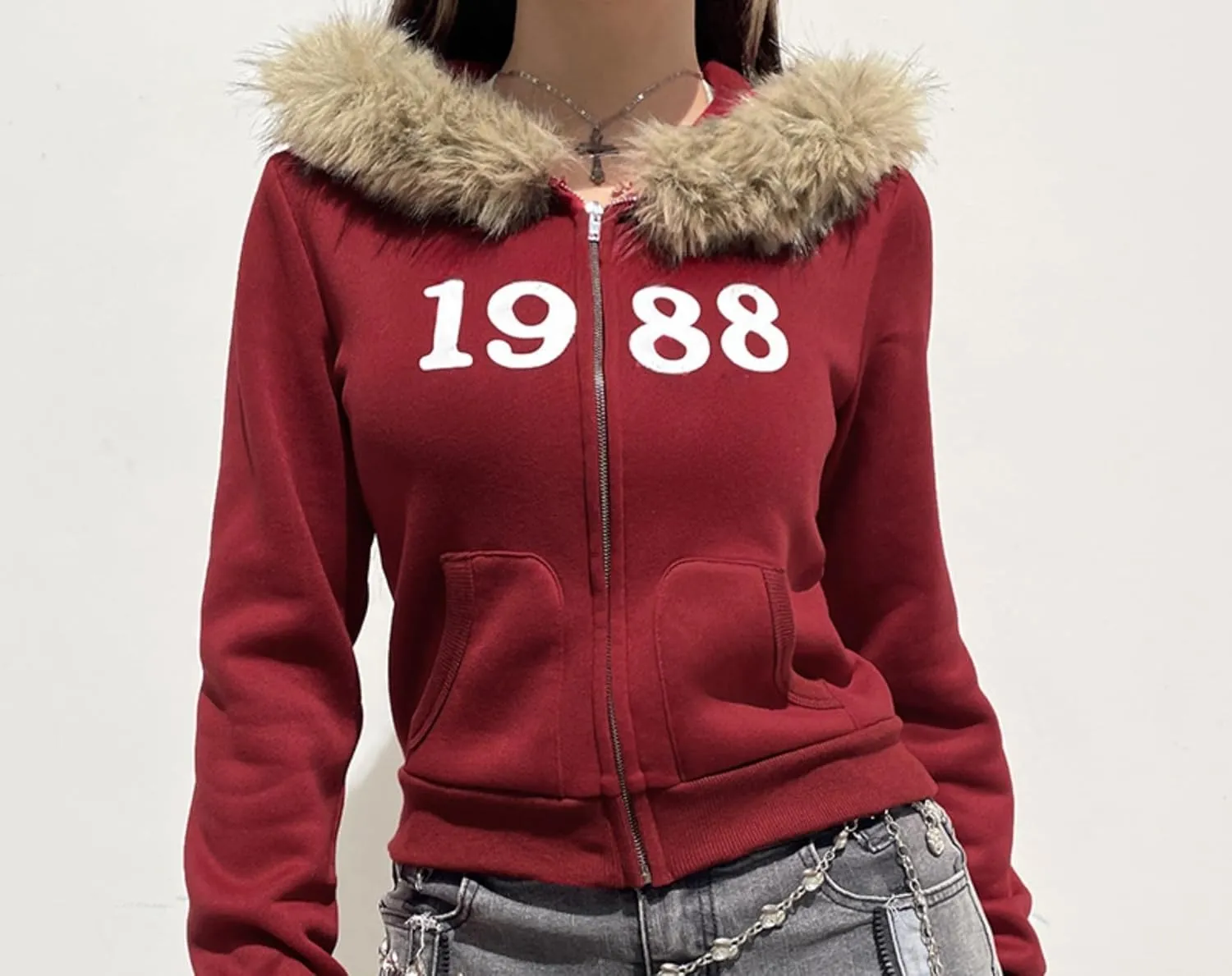 Fur Collar Jacket Zip Up Graphic Jacket Y2K Hoodie Women Cropped Streetwear Grunge Hoodies 2000s Winter Coats