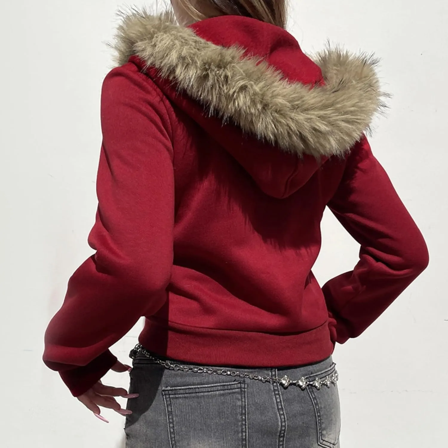 Fur Collar Jacket Zip Up Graphic Jacket Y2K Hoodie Women Cropped Streetwear Grunge Hoodies 2000s Winter Coats