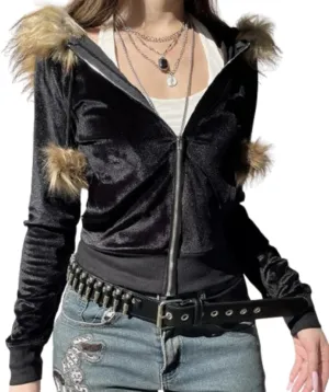 Fur Collar Jacket Zip Up Graphic Jacket Y2K Hoodie Women Cropped Streetwear Grunge Hoodies 2000s Winter Coats