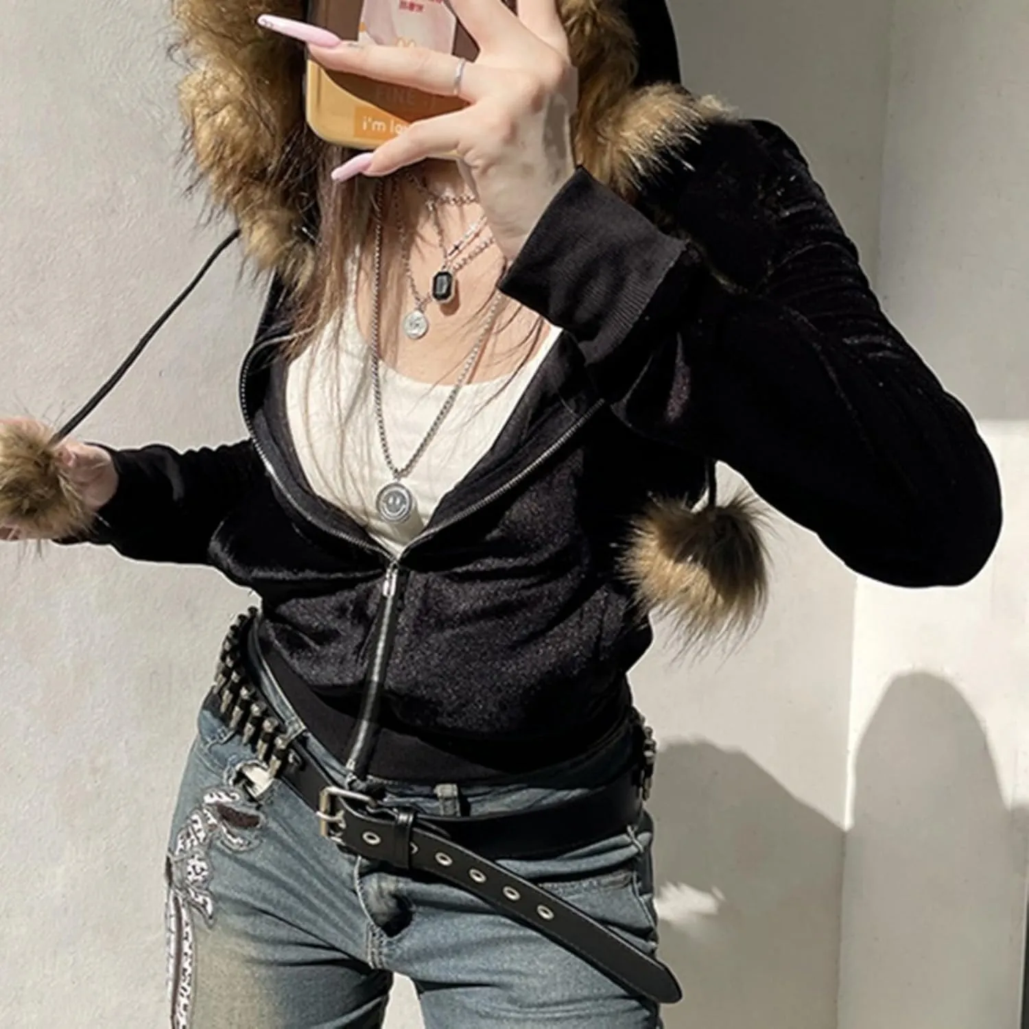 Fur Collar Jacket Zip Up Graphic Jacket Y2K Hoodie Women Cropped Streetwear Grunge Hoodies 2000s Winter Coats
