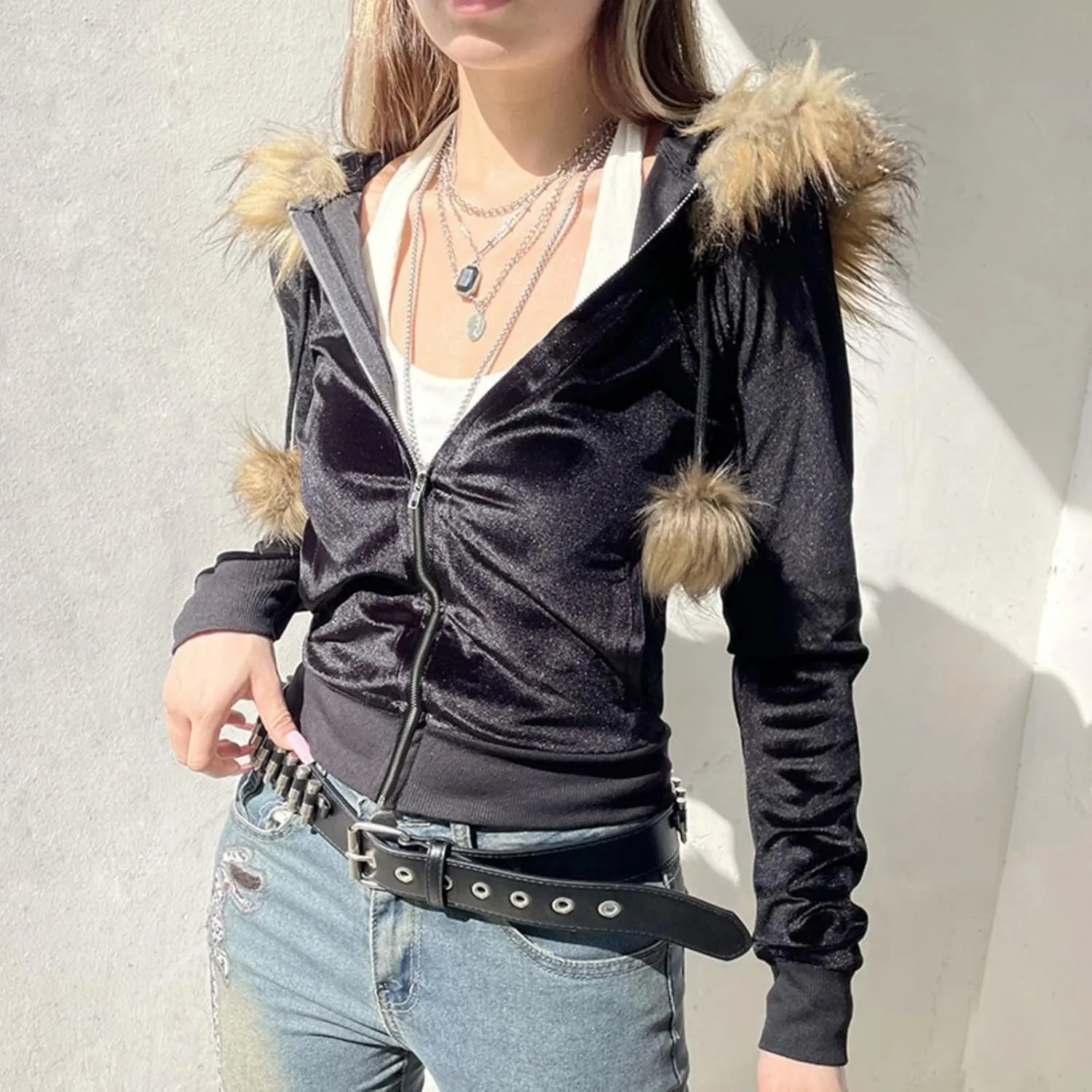 Fur Collar Jacket Zip Up Graphic Jacket Y2K Hoodie Women Cropped Streetwear Grunge Hoodies 2000s Winter Coats