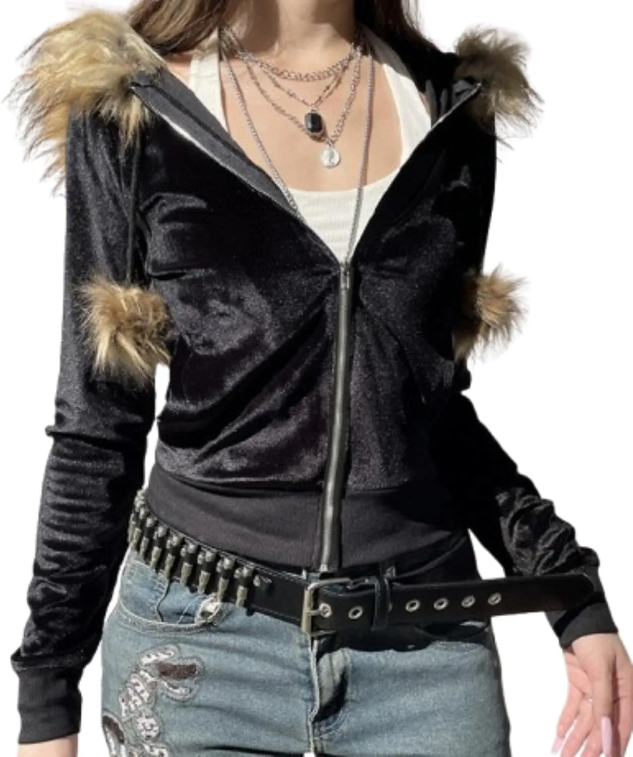 Fur Collar Jacket Zip Up Graphic Jacket Y2K Hoodie Women Cropped Streetwear Grunge Hoodies 2000s Winter Coats