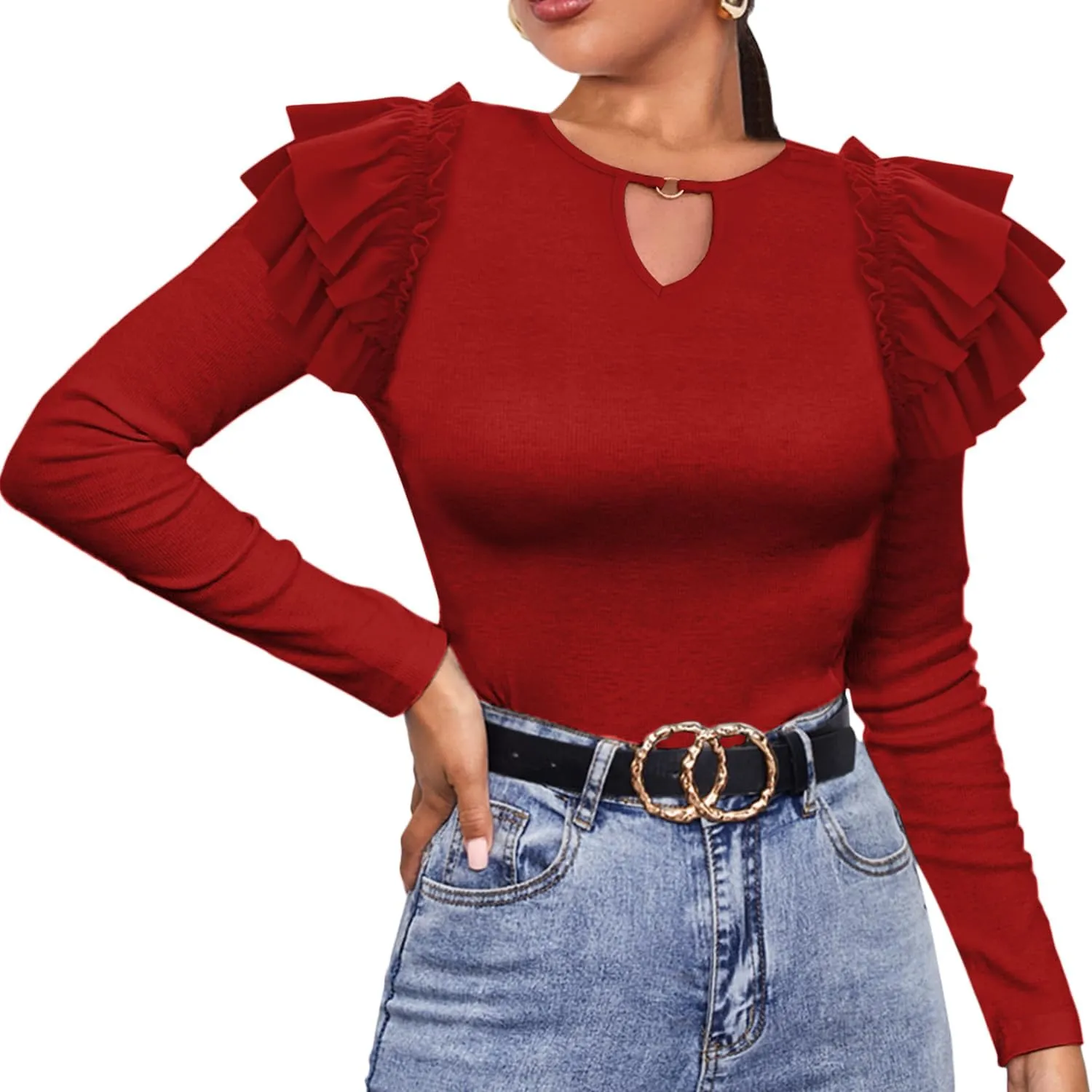 Genhoo Womens Ruffle Tops Slim Fit Shirt Long Sleeve Blouses V Neck Top Casual Fall Fashion 2023 Cut Out Neck