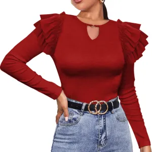 Genhoo Womens Ruffle Tops Slim Fit Shirt Long Sleeve Blouses V Neck Top Casual Fall Fashion 2023 Cut Out Neck