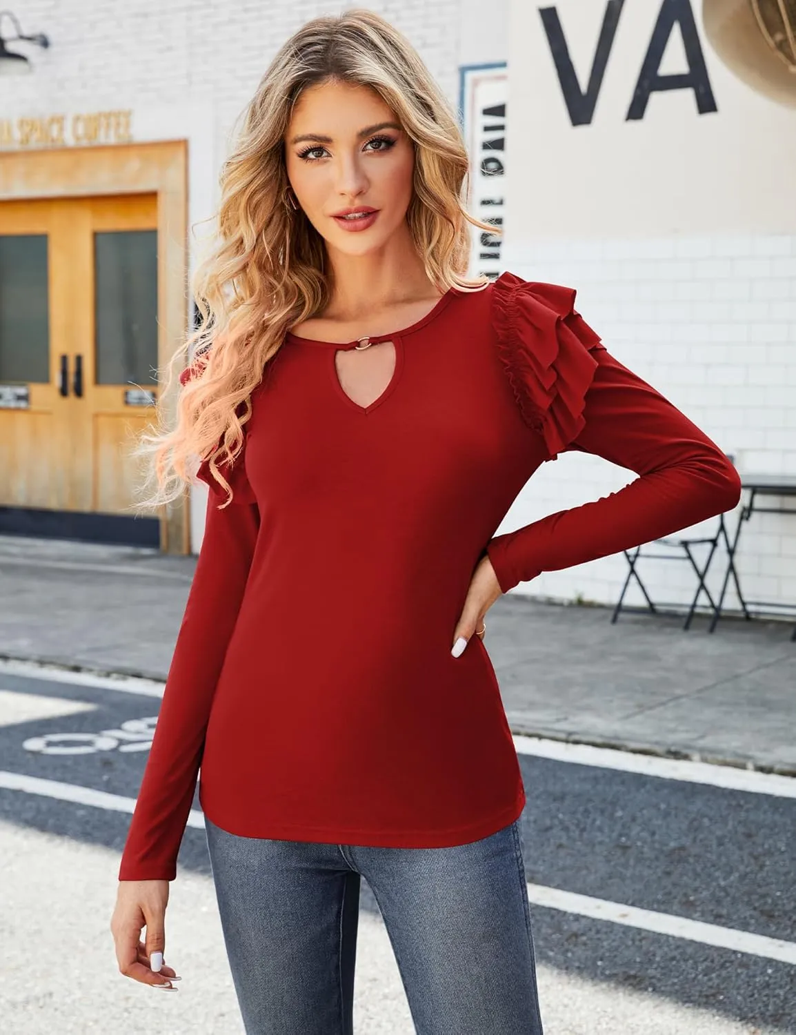 Genhoo Womens Ruffle Tops Slim Fit Shirt Long Sleeve Blouses V Neck Top Casual Fall Fashion 2023 Cut Out Neck