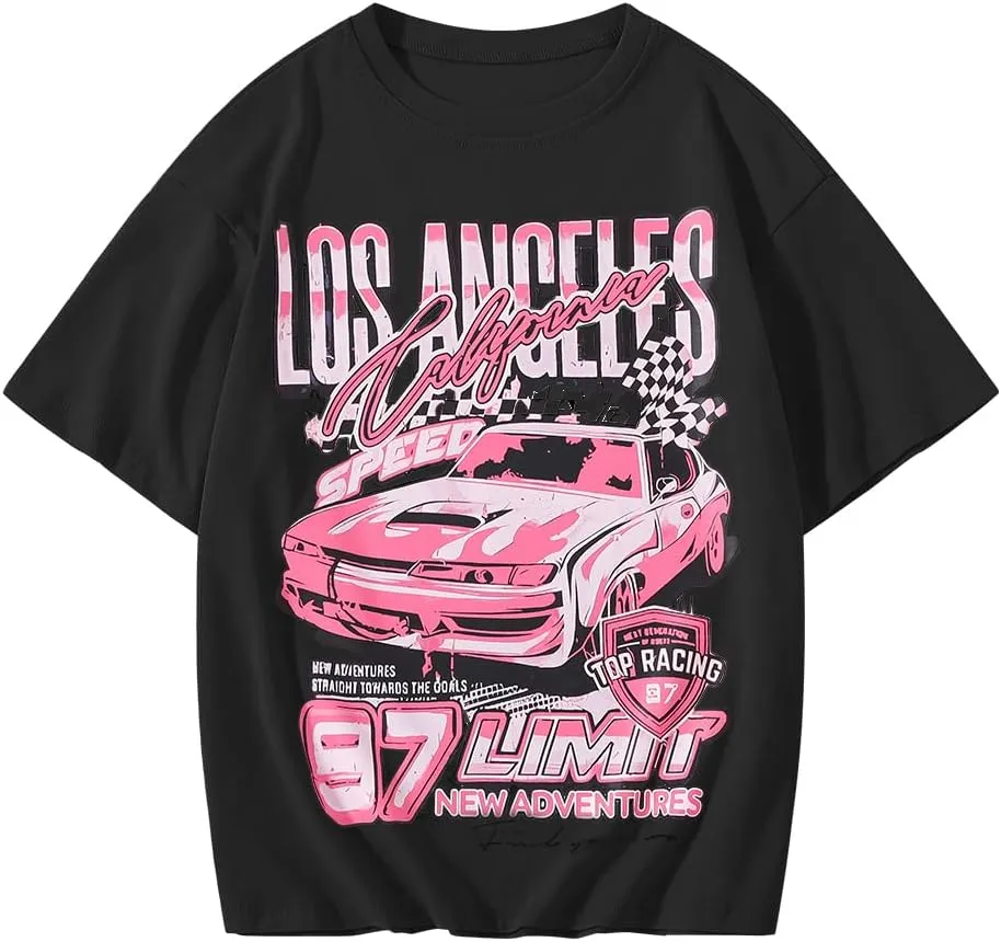 Girl's Car Letter Graphic Print Round Neck Short Sleeve Tee Summer Casual T Shirt Graphics Tee Shirt
