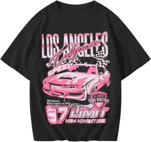 Girl's Car Letter Graphic Print Round Neck Short Sleeve Tee Summer Casual T Shirt Graphics Tee Shirt