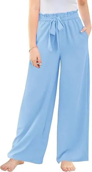 Girls Cotton Linen Palazzo Pants Wide Leg High Waist Smocked Flowy Trousers 2025 Kids Summer Beach Vacation Outfits