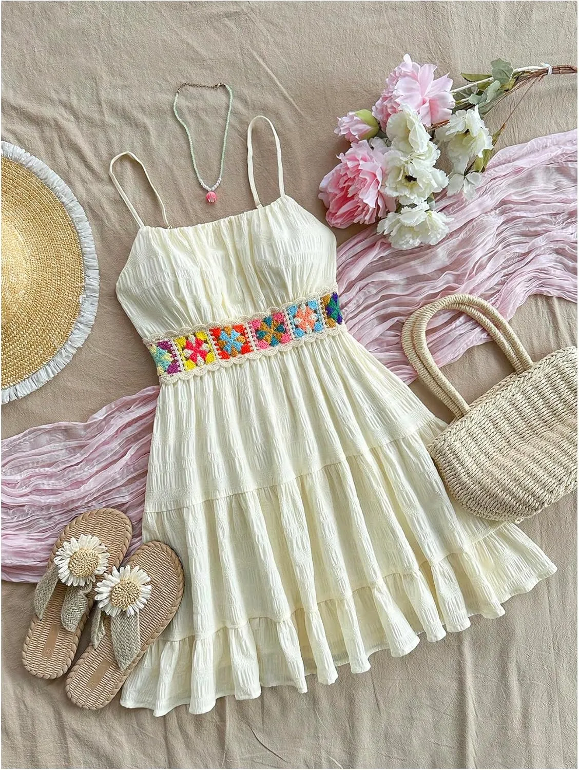 Girl's Floral Embroidery Tiered Summer Dress Sleeveless Ruffle A Line Flowy Short Dress Sundress