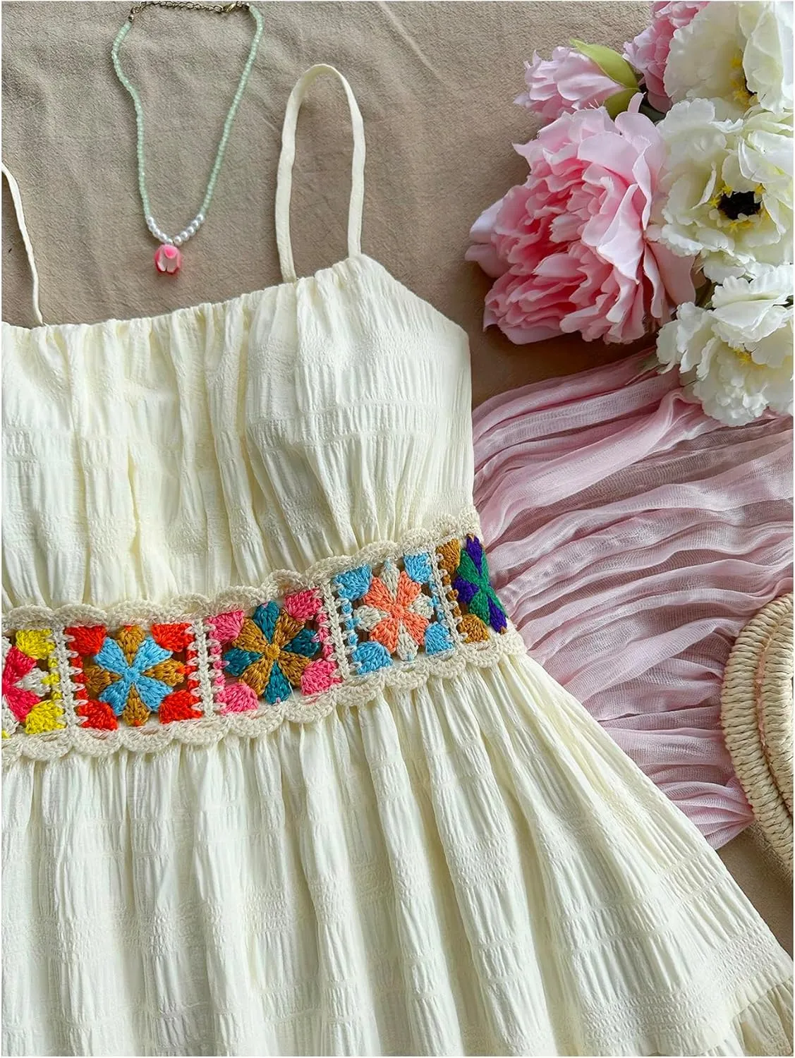 Girl's Floral Embroidery Tiered Summer Dress Sleeveless Ruffle A Line Flowy Short Dress Sundress