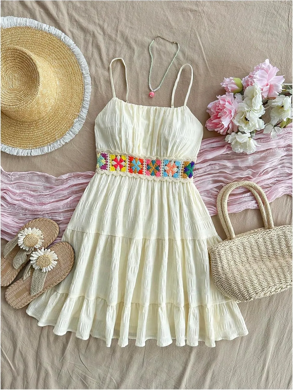 Girl's Floral Embroidery Tiered Summer Dress Sleeveless Ruffle A Line Flowy Short Dress Sundress
