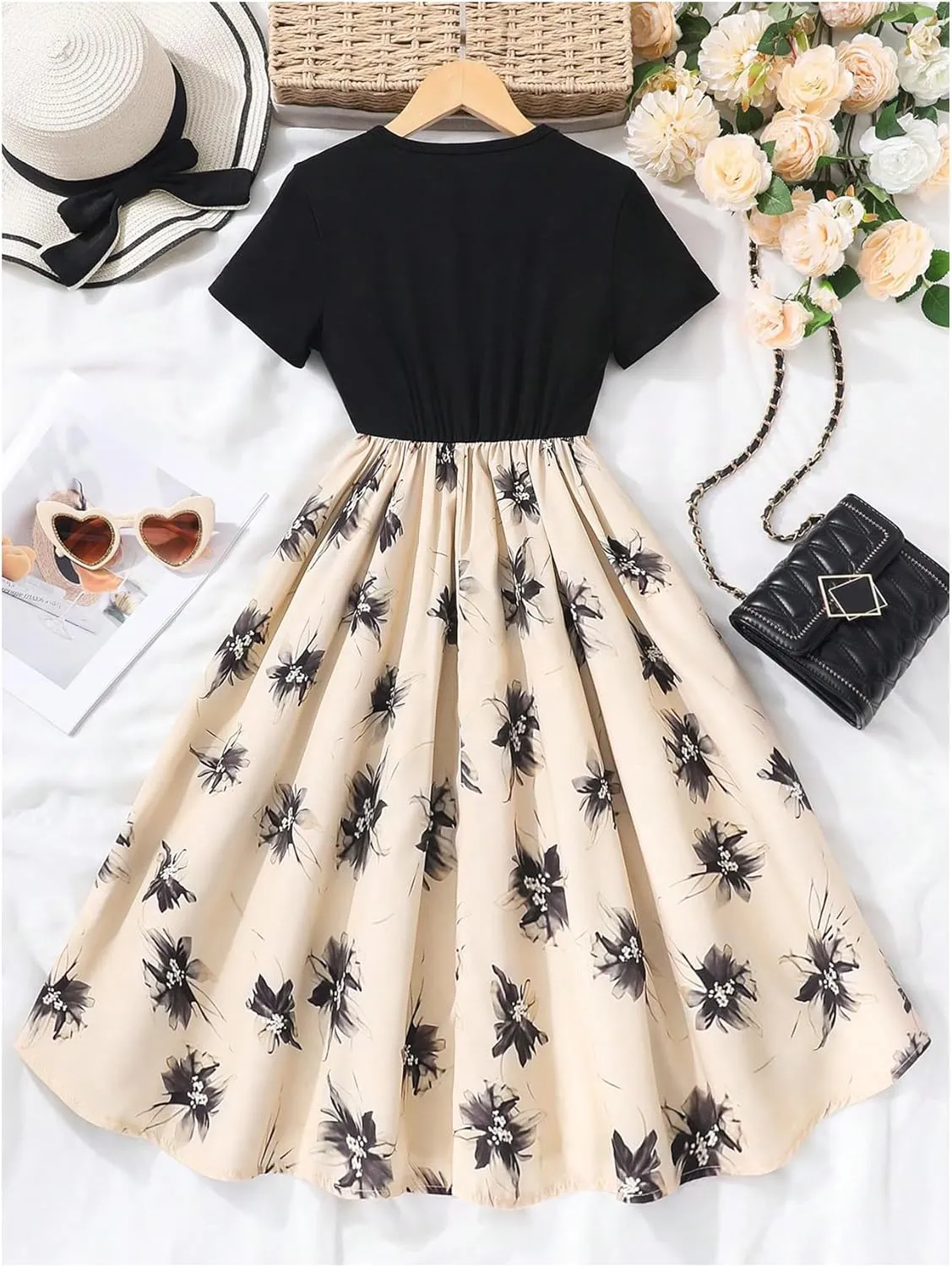 Girl's Floral Summer Midi Dress Patchwork Flowy Short Sleeve Crew Neck A Line T Shirt Dress