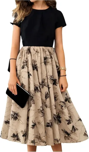 Girl's Floral Summer Midi Dress Patchwork Flowy Short Sleeve Crew Neck A Line T Shirt Dress