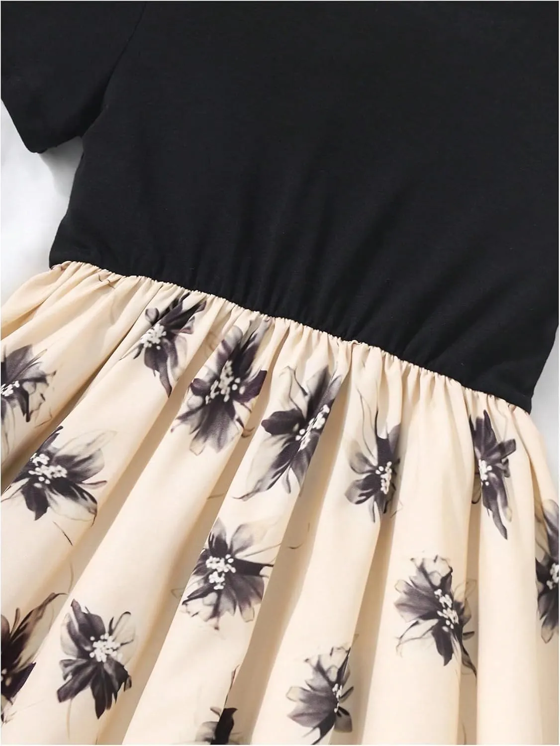 Girl's Floral Summer Midi Dress Patchwork Flowy Short Sleeve Crew Neck A Line T Shirt Dress