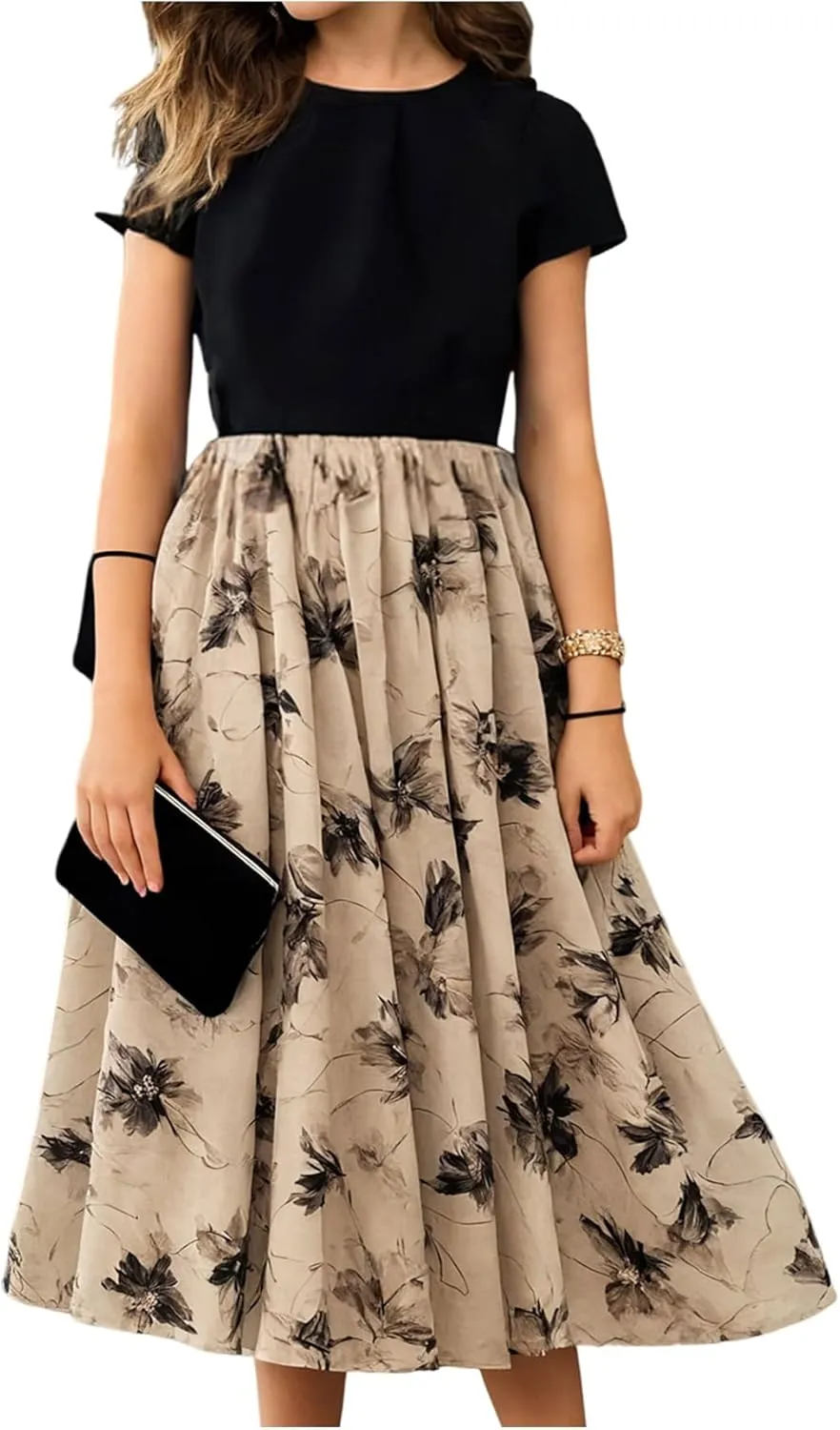 Girl's Floral Summer Midi Dress Patchwork Flowy Short Sleeve Crew Neck A Line T Shirt Dress