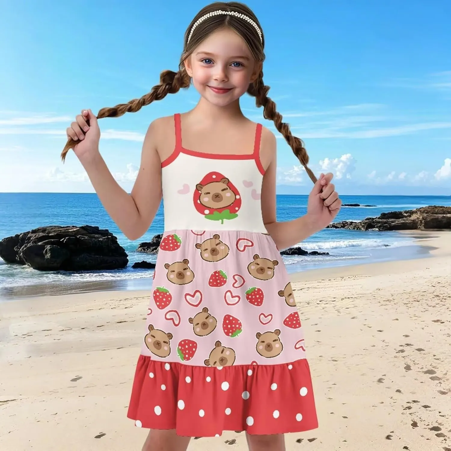 Girls Summer Dress 3-14 Y Kids Casual Spaghetti Strap Tiered Midi Dresses Cute Twirly Skater Party Sundress