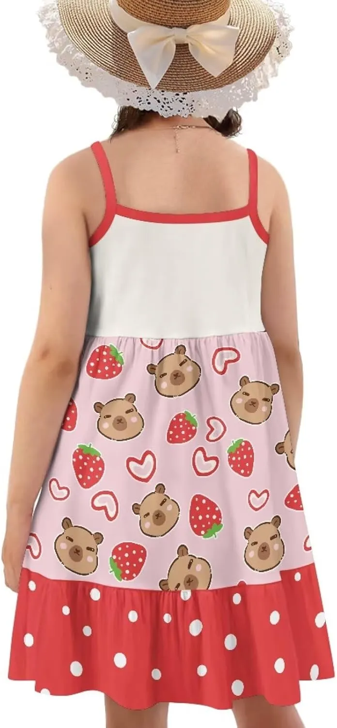 Girls Summer Dress 3-14 Y Kids Casual Spaghetti Strap Tiered Midi Dresses Cute Twirly Skater Party Sundress