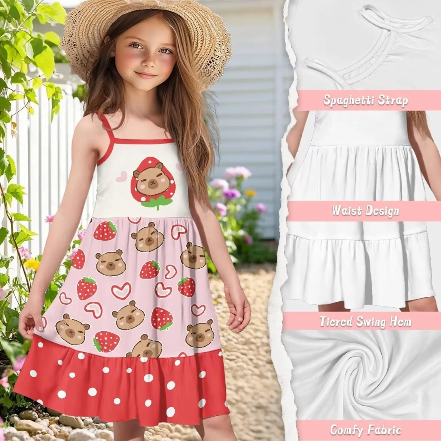 Girls Summer Dress 3-14 Y Kids Casual Spaghetti Strap Tiered Midi Dresses Cute Twirly Skater Party Sundress