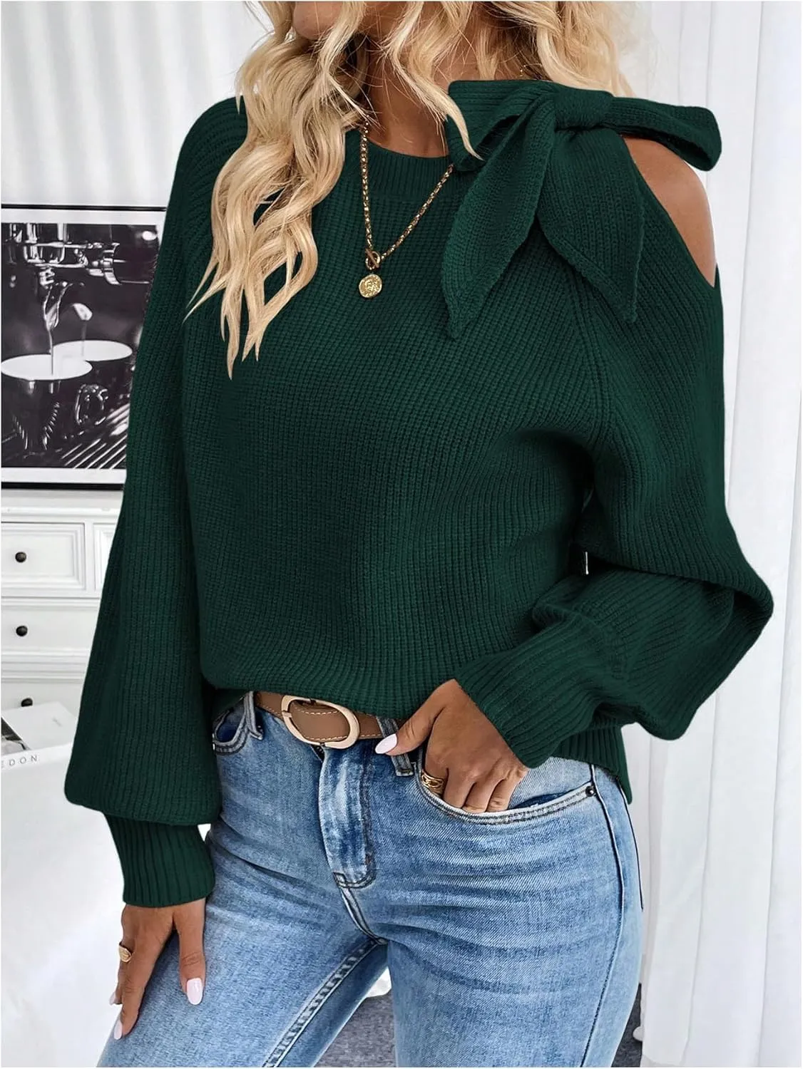GORGLITTER Women's Bow Sweater Cut Out Tie Shoulder Long Sleeve Knit Pullover Tops Fall Fashion
