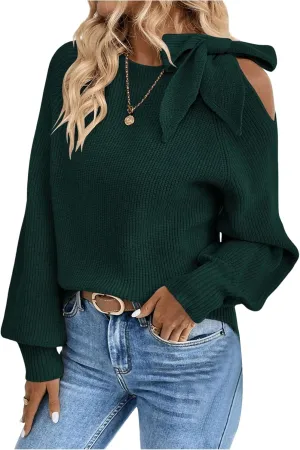 GORGLITTER Women's Bow Sweater Cut Out Tie Shoulder Long Sleeve Knit Pullover Tops Fall Fashion